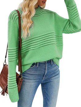 Дамски пуловери Wankitoi Есен 2023, дълъг ръкав, през цялата силует, Монофонични вязаный на една кука пуловер на райета, всекидневни Плътен пуловер, градинска облекло