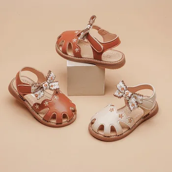 Модни сандали Congme за момичета; Летни Детски обувки на плоска подметка с флорални лък в корейски стил за деца; нескользящие сладки кожени обувки на принцесата;