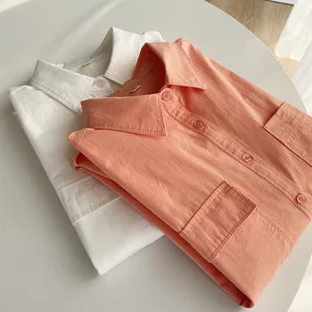  Дамски свободна пролетно оранжева блуза, дамски ежедневни блузи прост дизайн с дълъг ръкав