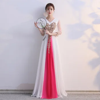  Секси дълга вечерна рокля Qipao, Елегантен класически костюми за хорово изпълнения, Плиссированное рокля с V-образно деколте и пайети, премяна