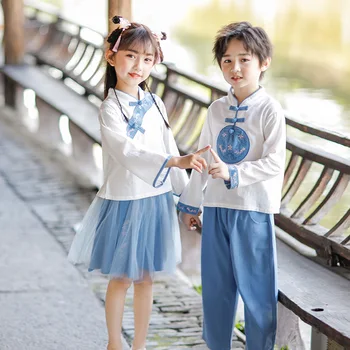  Китайски пролетно-есенен костюм с бродерия за момичета, детски дълъг костюм от памук, древните костюми Hanfu За момчета, прекрасни костюми за изпълнения