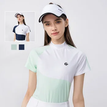  Лятна бързосъхнеща тънка облекло за голф Golfist, дамски тениски за голф с къс ръкав, дамски блузи с висока яка, разтеглив ризи в контрастен цвят