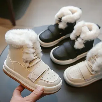  Детска топло обувки 2024 г., Нови зимни детски плюшени дебели къси ботуши за момичета и момчета, водоустойчив мини модни обувки