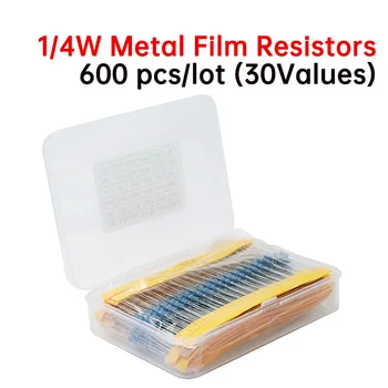  600 бр./лот (30 стойности на x 20 бр) 1% Комплект резистори за мощност 1/4 W, комплект метални филма резистори 
