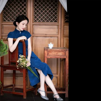  2023 Винтажное синьо китайското Традиционната рокля Чонсам Ципао с яка-ботуш и къс ръкав, елегантни празнични рокли за партита, 2023 г.