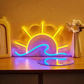  Chi-buy LED Neon Sun + Wave, Задвижвани от USB Неонови Надписи Night Light 3D Стенно Изкуство и Детска Стая, Спалня, Всекидневна Декор За Лампи и Табели