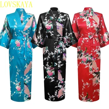  Дълъг и свободен женствена рокля-pajamas от японски сатен с павлином, източно кимоно, китайците своеобразна пижами хаори