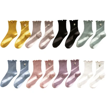  2024 Нови Японски Дамски Чорапи До Глезена С Цветна Бродерия За Момичета, Светли Копчета В Рубчик И Вертикални Райета, Всеки Ден