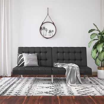  River Street Дизайни Emily разтегателен диван-futon с дрямка, черен диван за хол от изкуствена кожа
