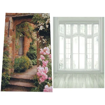  2 елемента 3x5 фута Фон за художествена фотография Studio - Европейски пода до прозореца, бял и розов фон за врати от розови тухли