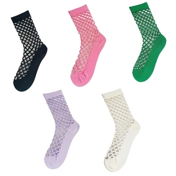  Чорапи като рибарска мрежа, за жени и момичета, фини мрежести чорапи в стил JK, чорапи с червени дупки, Удобни чорапи със средна тръба, Секси отворени чорапи