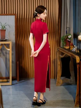  Елегантно лятно коприна дълга червена рокля Чонсам за банкет, благородно ретро Елегантна китайското традиционно вечер сватбена рокля Ципао за жени
