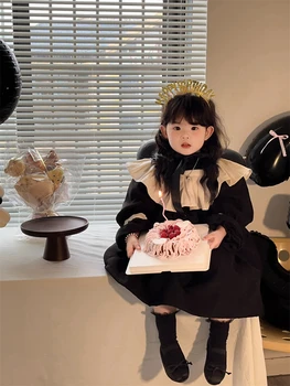  Ежедневни рокли за момичета на Зимния сезон, Памук, Нов Корейски Дебел Плюшено яката във формата на листа на Лотос, детски дрехи Princess Tide Soild