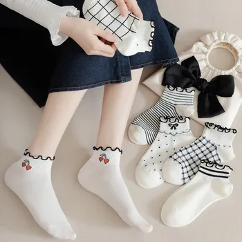  Дамски памучни Къси Дантелени Чорапи Сладък Карамел цвят, Пролет-есен, Ежедневни Модни Тънки чорапи Дишащи с рюшами, черно-бели чорапи на щиколотке
