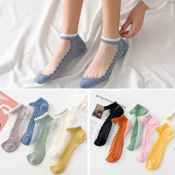  Дамски чорапи, Нови Летни дамски Цветни памучни чорапи до глезена, Сладки Тънки Обикновена къси чорапи, Прозрачни кристални чорапи