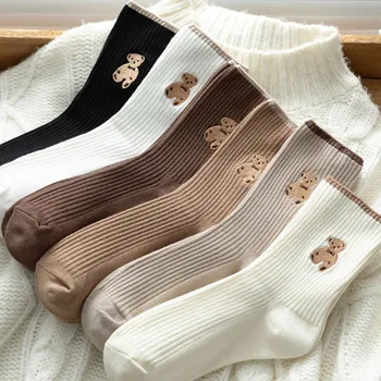 Чорапи с медвежонком, сладък японски чорапи Ins, модни Корейски пролетните и есенните обикновена чорапи с набивкой, есенни и зимни