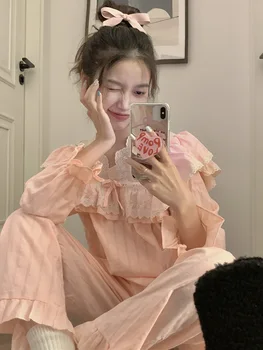  Лейси бродерия, Розово монофонични пижамный комплект за лятото и Есента с дълъг ръкав, Дамски ежедневни пижамные комплекти в едно мирно девичьем стил, Корейски прости върховете на сън