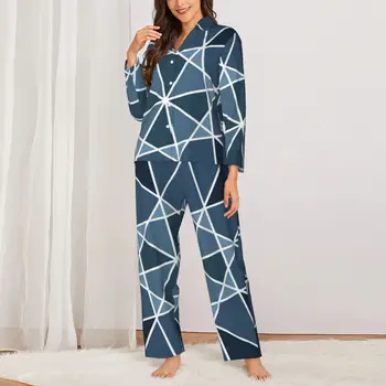  Пижамный комплект Nordic Lines геометрични форми, елегантни пижами за жени с дълги ръкави в стил ретро, 2 броя, пижами голям размер