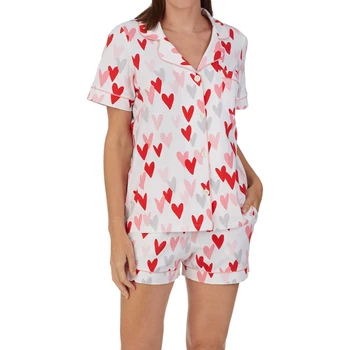  Жена годишният пижамный комплект, блуза, копчета и къс ръкав ревера, потник + шорти, 2 броя, сатен пижама в тон покритие