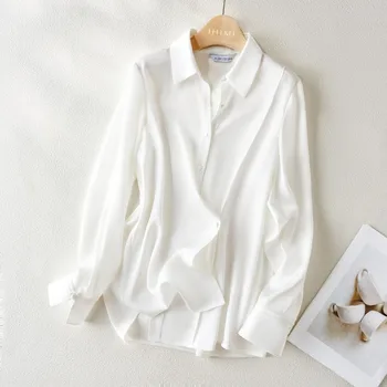  Сатен Бели дамски ризи, лято 2023, Нови копринени обикновена блуза, Свободни блузи с дълъг ръкав, дамски дрехи, с деколте-къси ръкави, YCMYUNYAN