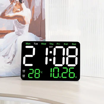  Стенен Цифров Часовник С Голям Екран, Led Електронен Будилник с Дата, Време, Температура, Многофункционален Часовник с Дисплей