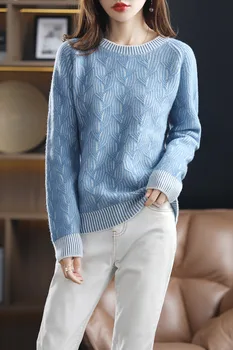 Зимна нов дамски пуловер от 100% вълна, запазва топлината, дебели пуловери с кръгли деколтета, модни блузи от 100% вълна, пуловер