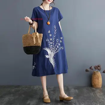  2024 китайското традиционната рокля от памук и лен, свободно рокля с кръгло деколте, национална бродерия на цвете рокля с трапецовидна форма, етническа винтажное рокля