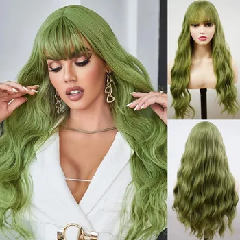  24-Инчов косата Тъкане на Синтетични въздушни косичек с ресни Омбре Зелена Къдрава перука за коса Подкрепа кос Перуки