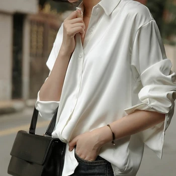  Блуза Пролетната Дамска мода, Сатен блуза с дълъг ръкав, Реколта улични ризи Femme Stand