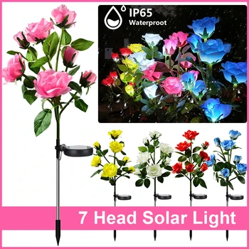  7 Глави слънчеви светодиоди, които имитират розови светлини, Градински градински фенери, Външни Непромокаеми поддържан светлини IP65, украса на двора слънчеви фенери