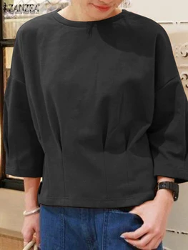  Дамски есенна блуза ZANZEA Модни плиссированная риза Модни блузы с дълъг ръкав и кръгло деколте на Ежедневните работни Дамски блузи, Пуловери и Качулки
