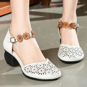  Дамски Сандали от естествена кожа с цветен модел, Лятна Обувки на висок ток 5 см, Дамски обувки в стил ретро, 2024, Отворени Вечерни Сандали Zapatos De Muje
