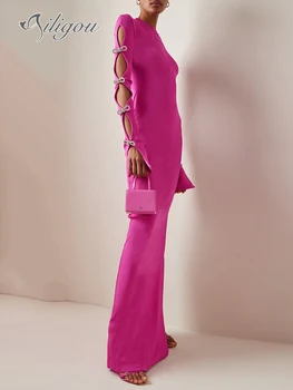  Ailigou 2023 Нов дамски секси външен дизайн, С дълъг ръкав и лък с кристалалми и диамантени бижута, модни дрехи, за партита, Розова дълга рокля с прилепнали превръзка