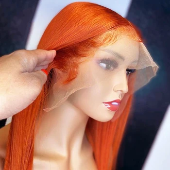  Оранжев Червен перука с директен каре 13x4 Прозрачен перука, завързана С червено дантела отпред От човешки косъм Перуки за жени С подсветка От човешка коса