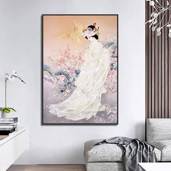  Винтажное изкуство Красива картина, плакат с момиче и цветя, печат върху платно, домашно стенно художествено украса Murale De Luxe, голяма снимка