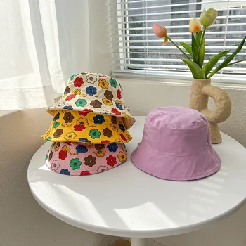  Детска шапка-кофа с флорални принтом, Лятна Двустранен детска панама от слънцето за момчета и момичета, обратими Рибарски шапки с цветен модел Gorras
