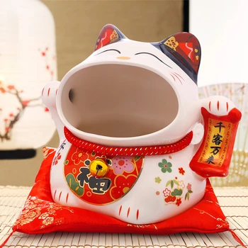  8-инчов Керамична Кутия шоколадови Бонбони Maneki Neko Лъки Cat Касичка за Пари Piggy Bank Fortune Cat Storage Snack Jar