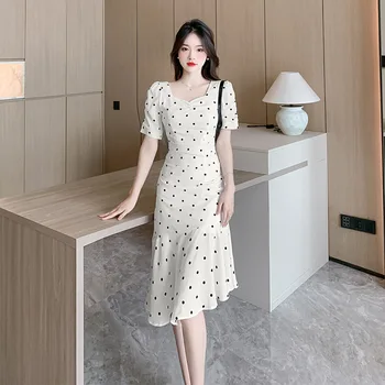  Дизайн във френски стил, разумно рокля с вълнообразни точка и риба опашка 2023, Лятно дамско леко тънката си рокля вкус на зрели жени q645
