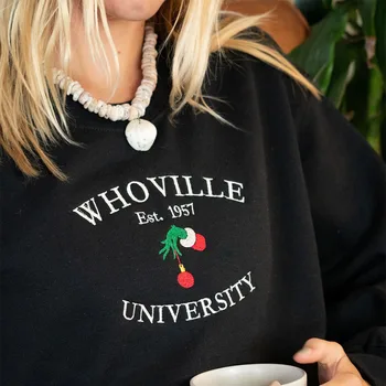  Бродирани качулки Университет Whoville, Дамски Черни Свободни Дебели Есенно-зимни Топли върхове, Коледен пуловер, подарък за нея