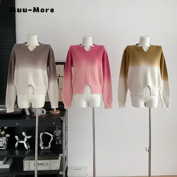  Реколта ежедневни пуловери в контрастен цвят, възли с дълъг ръкав, 2023 Зимни Корейски модни Дамски джъмпери, Дамски пуловер с V-образно деколте