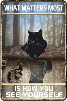  Забавна метална табела с черна котка, Най-важното е, как виждате себе си, художествена знак в ретро стил, уютна кухня, бар, кафене