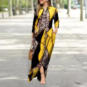  Леопардовое рокля в стил мозайка с геометрични принтом, женствена рокля макси с геометричен пэчворком, однобортная риза с дълъг ръкав