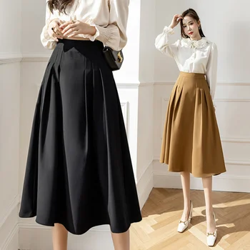  Дамски дълга пола в Корейски стил, шик и елегантен офис Дамски свободна дамски дрехи, ежедневни поли midi Y2k трапецовидна форма, с висока талия
