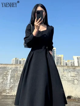  Реколта рокли Макси Midi френски дизайн за дамски дрехи, Елегантна Черна Дълга рокля с квадратни деколтета, Корейската мода Есен 2023