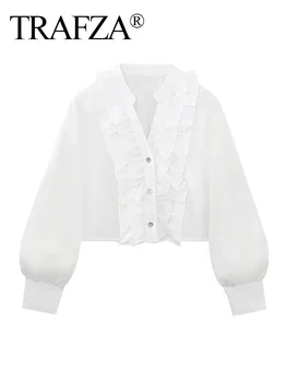  Модни дамски многослойни украса TRAFZA, однобортные ризи с дълъг ръкав, Дамски ежедневни бяла блуза с плисета и V-образно деколте