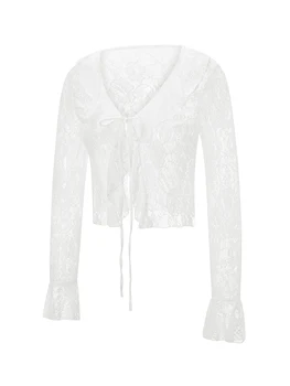  Дамски секси лейси риза Y2k с дълъг ръкав, бистра прозрачна тениска с V-образно деколте и завязками отпред, облегающая блуза на цветчета