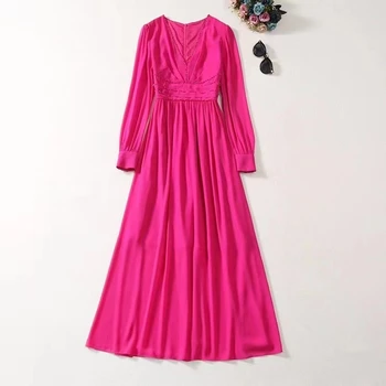  Европейските и американски женствена рокля 2023, новост зимата, с дълъг ръкав и V-образно деколте, расшитое мъниста, розово-червено, модерно плиссированное рокля XXL