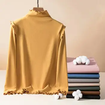  Жена топ с дълги ръкави, мек еластичен топ мека, топла дамска блуза-пуловер с полувысоким яка и вълнообразни детайли, свободна за пролетта