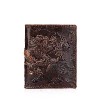  Мъжки портфейли е ръчна изработка с дърворезба във формата на дракон от естествена кожа, чантата за момче от естествена телешка кожа, кратък портфейл за карти за мъже, щипки за пари, чанта за пари