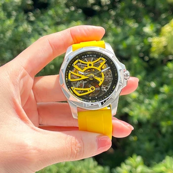  Нов прием на Parnis 43 мм Сребрист корпус от неръждаема стомана Мъжки жълти часовник Сапфир кристал Автоматични механични Луксозни мъжки часовник